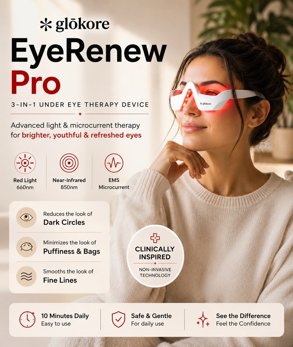 Glokore EyeRenew Pro Device - Professional 3-in-1 Under Eye Treatment with Red Light Therapy and EMS Technology